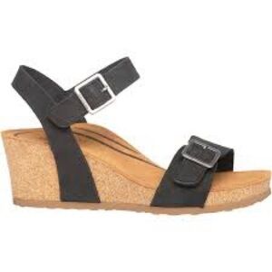 Aetrex Black Leather Wedge Sandals with Cork Heel